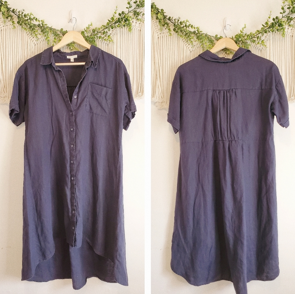 EILEEN FISHER Navy Organic Linen Midi Shirt Dress